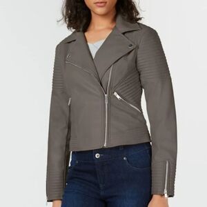 NWOT Bar III Dark Gray Taupe Faux Leather Motto Biker Jacket Size Large